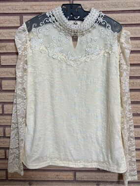 Delicate Lace High-Neck Cream Top with Pearls - Bust 38 - Size 8